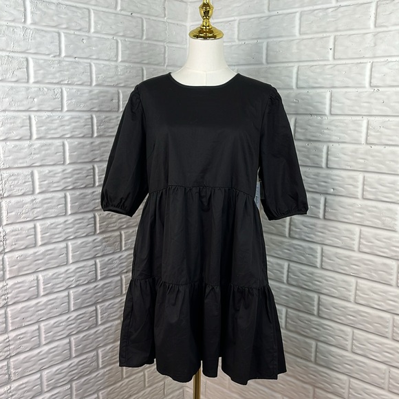 AQUA FROM BLOOMINGDALE’S PUFF SLEEVE TIERED BLACK COTTON DRESS  POCKETS MED NWT - Picture 2 of 14